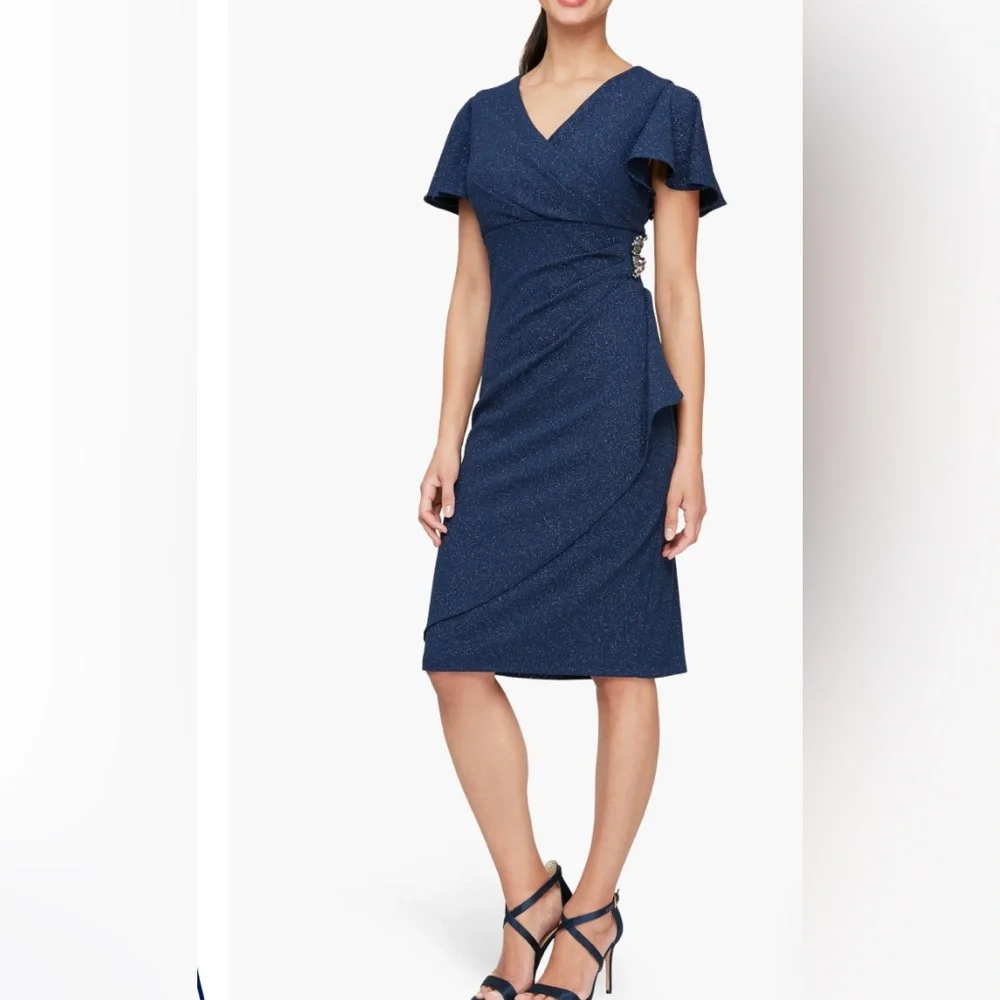 SLNY Navy Midi Dress with Wrap Design